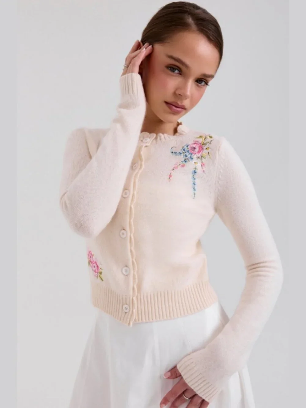 House of CB Anjou Cream Floral Lambswool Embroidered Cardigan - Picture 3 of 5